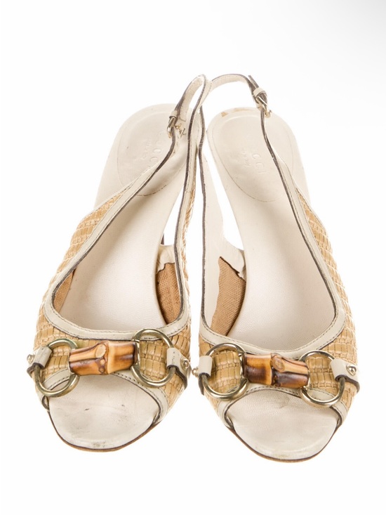 Gucci Shoes - Gucci Peeptoe Woven Raffia Slingback Heels with Bamboo Horsebit 6.5